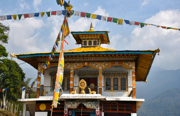 beautiful buddhist gumpa with yellow prayer flag.